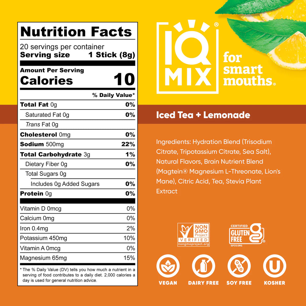 
                  
                    IQMIX elektrolytter - Brain + body hydration- Iced Tea + Lemonade (20 Sticks)
                  
                