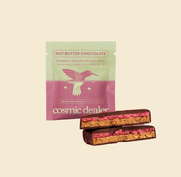 
                  
                    Cosmic Dealer Chakra Chocolate - Double-Layers Nut Butter Chocolates - Raspberry & Pistachios
                  
                
