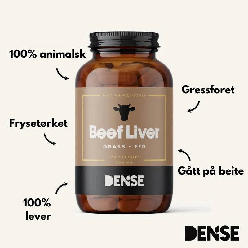 
                  
                    DENSE – Beef Liver – Gressforet levertilskudd – 180 kapsler
                  
                