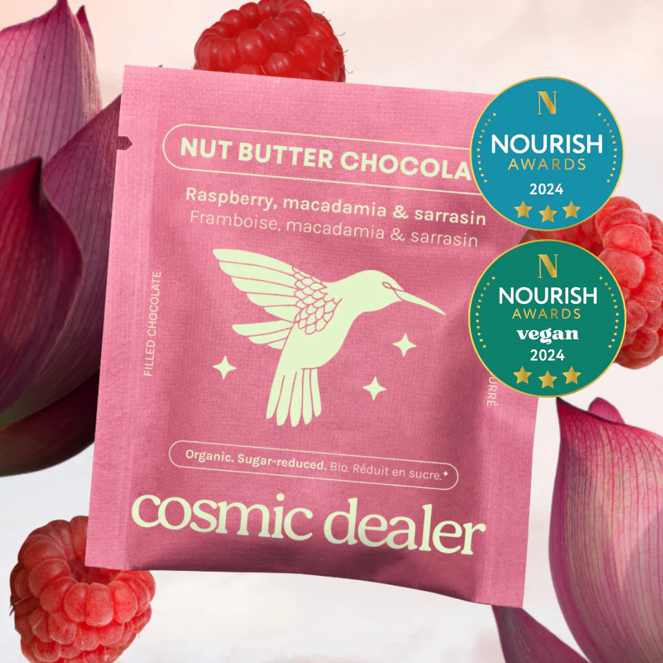 Cosmic Dealer Chakra Chocolate - Bringebær og Macadamia singel 20g